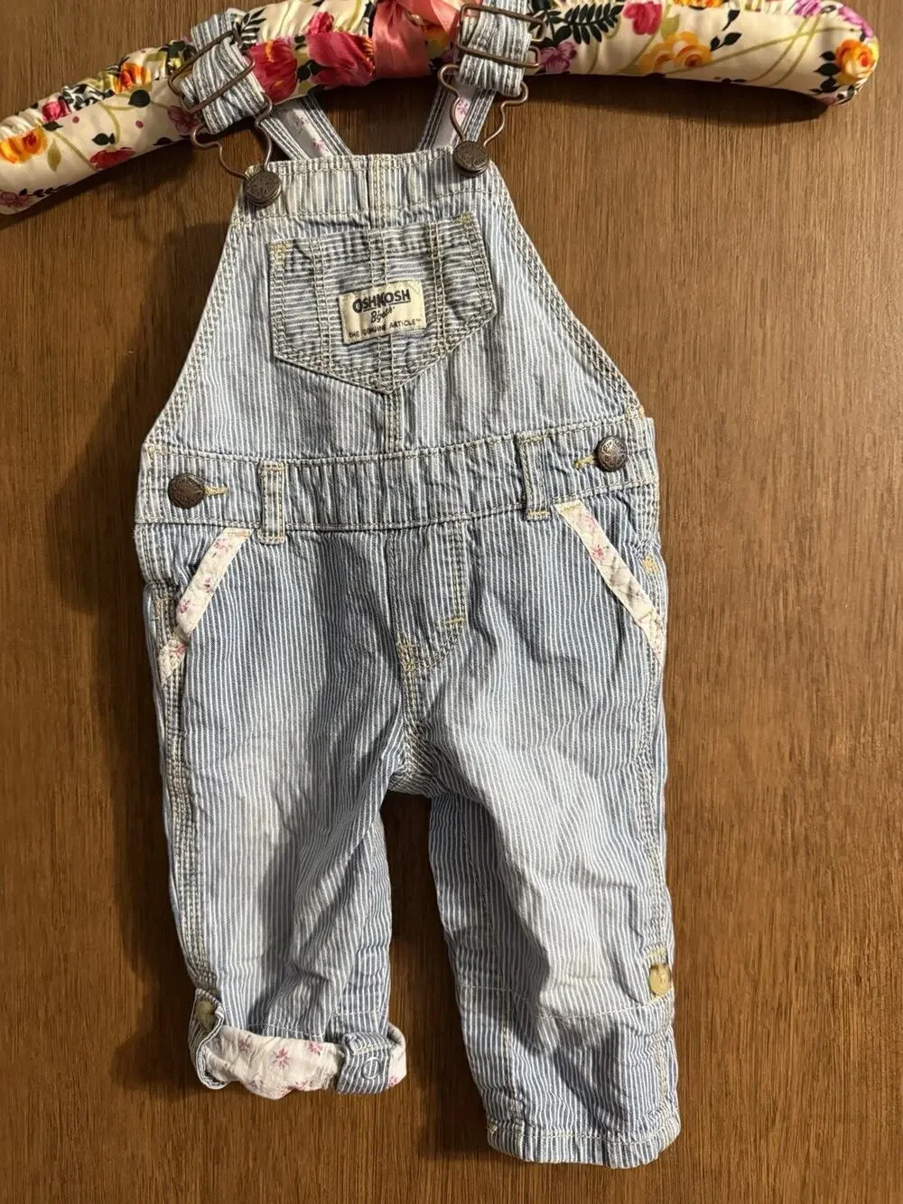 OshKosh B'Gosh Converstible hickory stripe overalls floral trip vestbak sz 6M